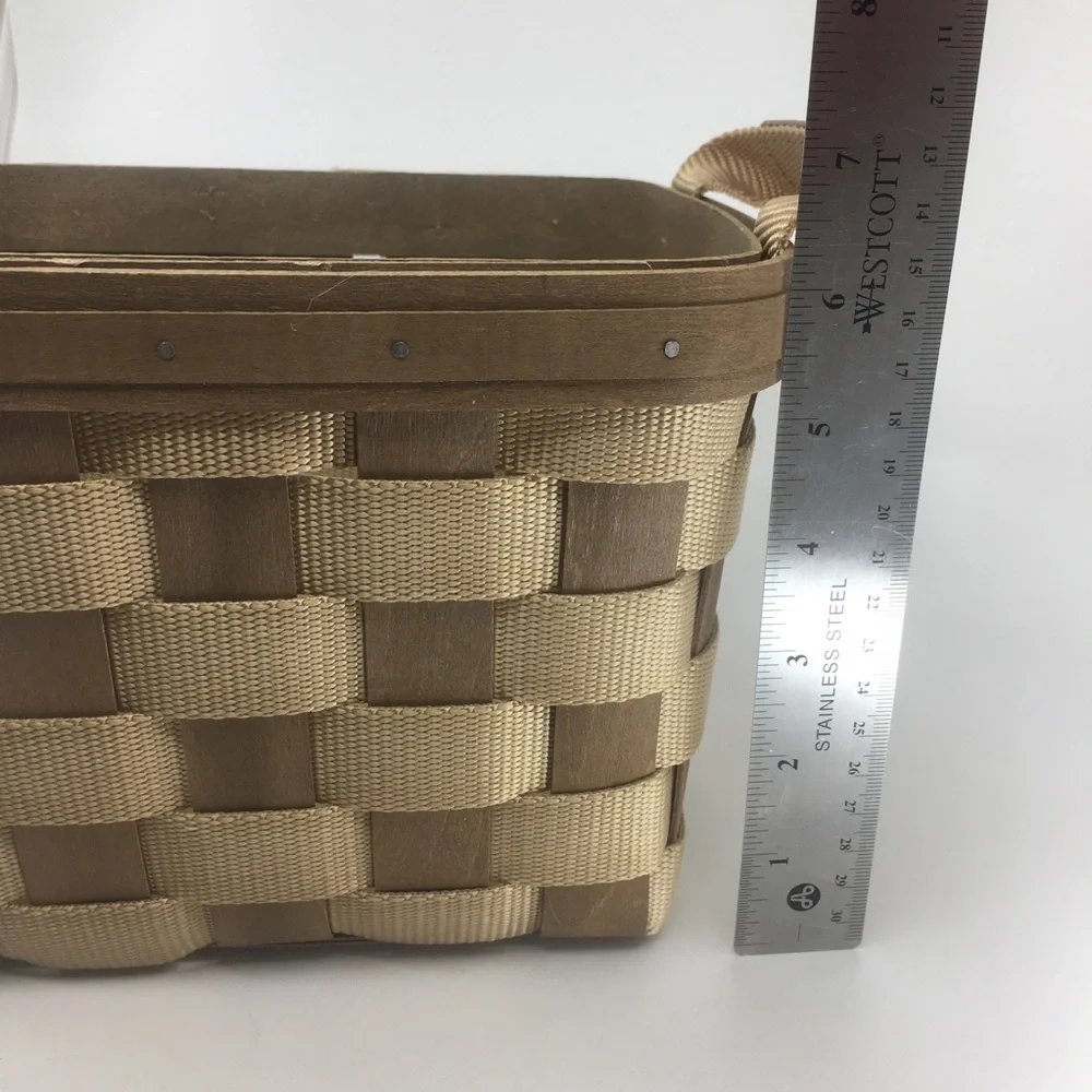 Vintage Longaberger Signed Bring Along Basket Tan Nylon Wood With Side Handles - Picture 9 of 11